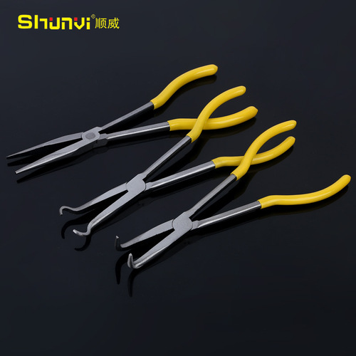 Shunwei Hardware Tools 45# Steel 11-inch Extended Pliers Multi-Specification Curved Nose Pliers Plastic Covered Handle Needle Nose Pliers Wholesale