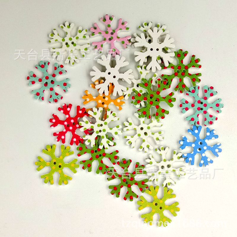 Nuevo botón de madera de copo de nieve pintado de 25mm, botón de madera de lunares de impresión en color, accesorios hechos a mano de dos ojos 50 pc/paquete