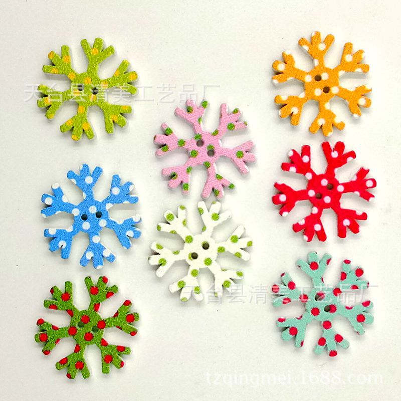 Nuevo botón de madera de copo de nieve pintado de 25mm, botón de madera de lunares de impresión en color, accesorios hechos a mano de dos ojos 50 pc/paquete