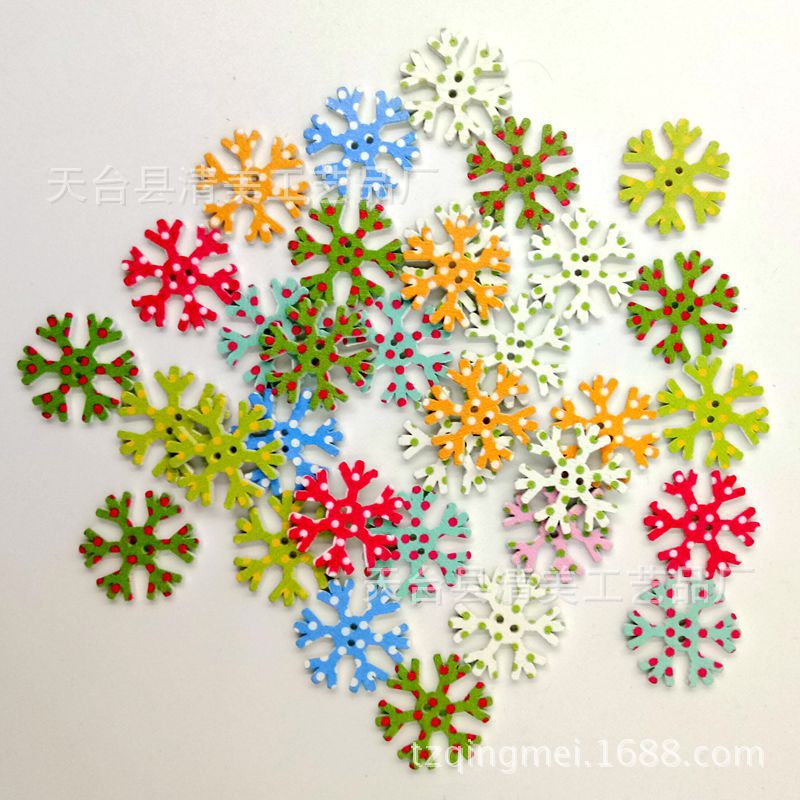 Nuevo botón de madera de copo de nieve pintado de 25mm, botón de madera de lunares de impresión en color, accesorios hechos a mano de dos ojos 50 pc/paquete