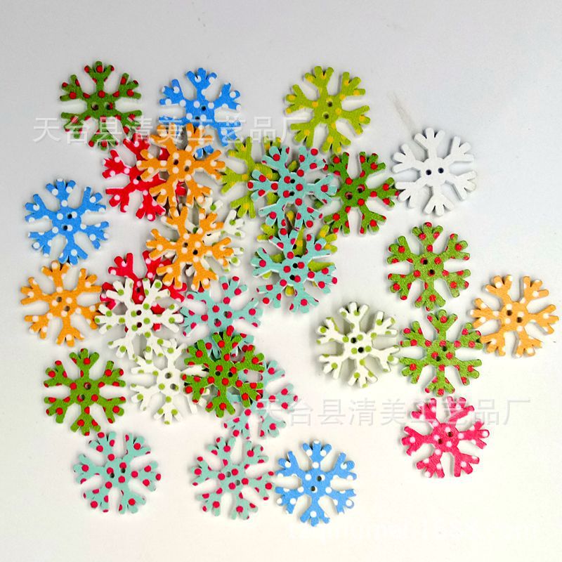 Nuevo botón de madera de copo de nieve pintado de 25mm, botón de madera de lunares de impresión en color, accesorios hechos a mano de dos ojos 50 pc/paquete