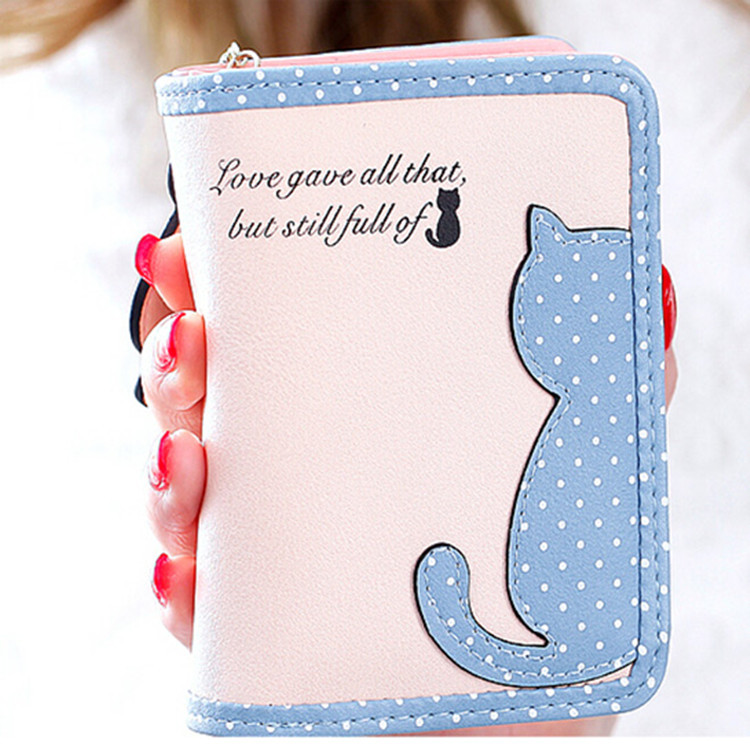 Billetera corta de estilo coreano de las mujeres de dibujos animados lindo medio borde gato cremallera pequeña cartera plegable estudiante monedero de la moneda de la mano de las mujeres