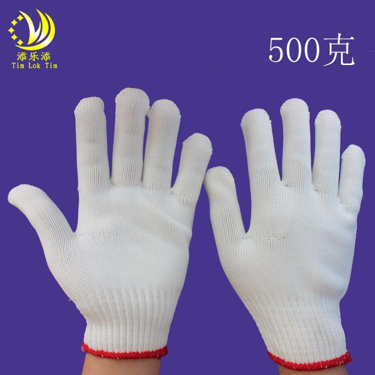 厂家直销500克尼龙手套 白色不掉毛耐磨工地涤纶纱线手套