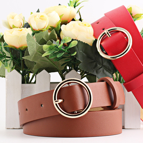 Round Faux Leather Belt Women's Personality PU Leather Belt Casual Round Buckle Waistband Pin Buckle Belt