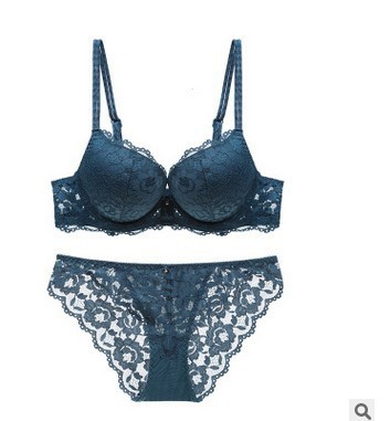 Lace top thin and bottom thick double spaghetti straps deep v push-up women's underwear sexy lace bra set 15122