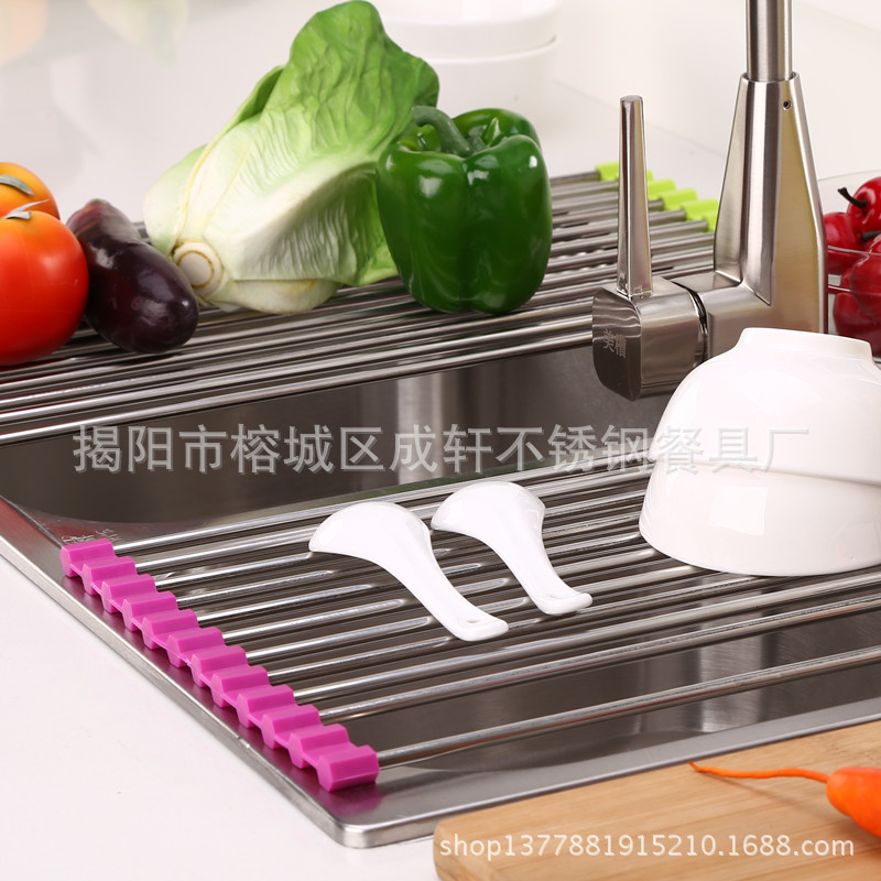 Estante de almacenamiento de cocina de acero inoxidable estante de drenaje plegable plato de frutas y verduras tazón Filtro de limpieza estante persiana