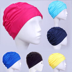 Factory Wholesale Comfortable Non-Chafing Long Hair Pleated Swim Cap Solid Color Fabric Nylon Swim Cap For Women