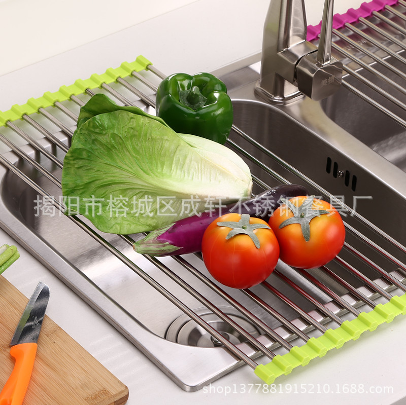 Estante de almacenamiento de cocina de acero inoxidable estante de drenaje plegable plato de frutas y verduras tazón Filtro de limpieza estante persiana