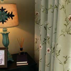 美式田园乡村风格棉麻印花半遮光卧室客厅成品窗帘布料窗纱
