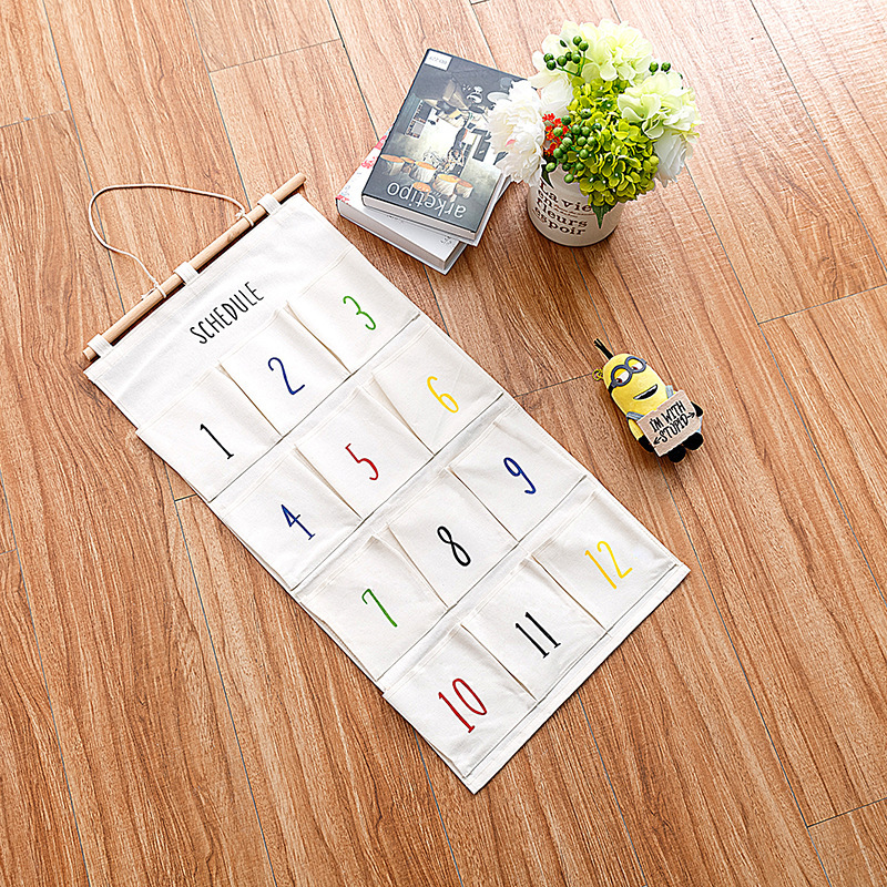 Back-to-school season cotton linen art digital December storage pouch with letter Saturday decoration miscellaneous storage grid