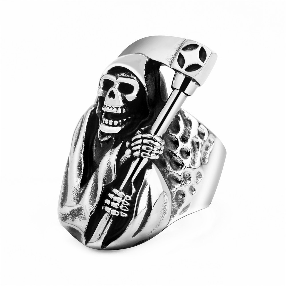 外贸ebay速卖通饰品 个性复古钛钢指环 死神镰刀霸气骷髅头男戒指