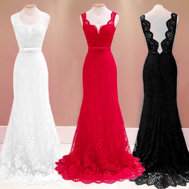 European and American Foreign Trade Women's Lace Dress Sexy Backless Floor Red Deep V Sleeveless Wedding Dress Bridesmaid Dress Batch