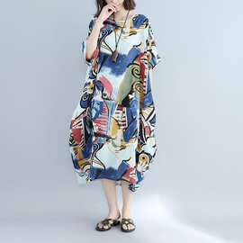 2023夏季新款时尚大码女装胖MM中长款短袖宽松显瘦印花棉麻连衣裙