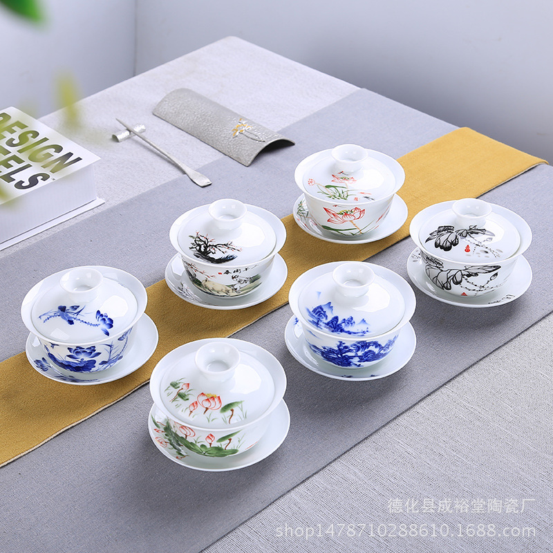 新款高白薄胎高骨瓷茶具玉瓷盖碗3.8功夫套装批青花瓷