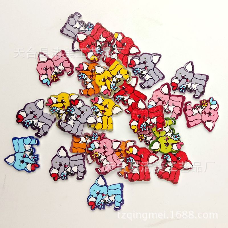 Dibujos animados pintados de bricolaje elefante botones de madera niños botones hechos a mano rompecabezas de botones de madera 50 piezas por paquete