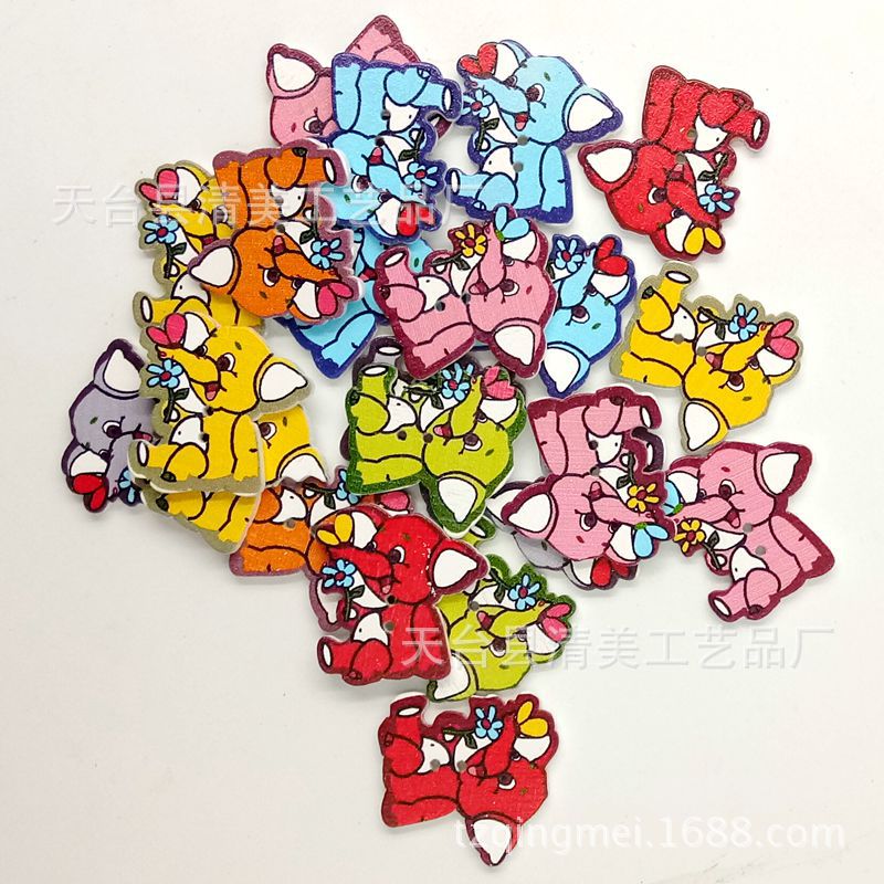 Dibujos animados pintados de bricolaje elefante botones de madera niños botones hechos a mano rompecabezas de botones de madera 50 piezas por paquete