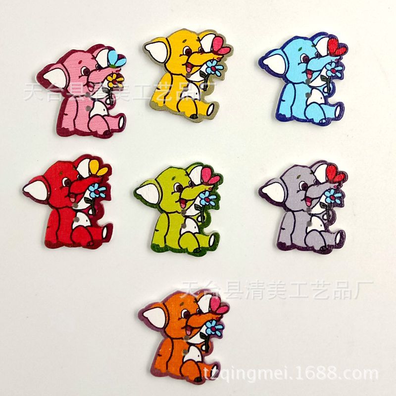 Dibujos animados pintados de bricolaje elefante botones de madera niños botones hechos a mano rompecabezas de botones de madera 50 piezas por paquete
