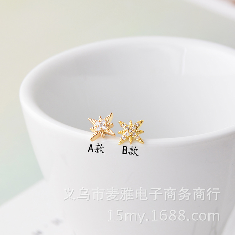 铜镀18K金螺纹米字 十字四叶芒星微镶锆石百搭女耳钉耳骨钉耳饰