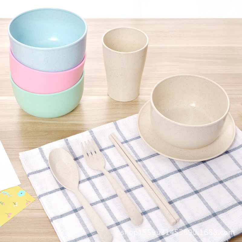 Wheat Straw Creative Japanese Tableware Soup Noodle Bowl Household Children's Healthy Food Supplement Small Gift Fork Spoon Chopsticks Cup Set