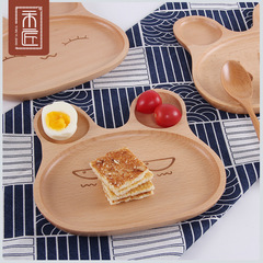A Wooden Tray with a Japanese Cartoon Style for Kids and Babies, Divided Plate with Cute Rabbits, Perfect for Snacks and Breakfast
