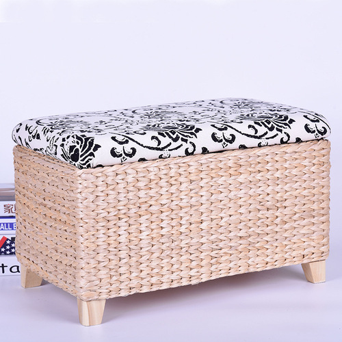 Handcrafted Wooden Modern Minimalist Wicker Sofa Storage Stool, Suitable for Sitting, Feet Rest, Shoe Storage, Grass Woven Stool