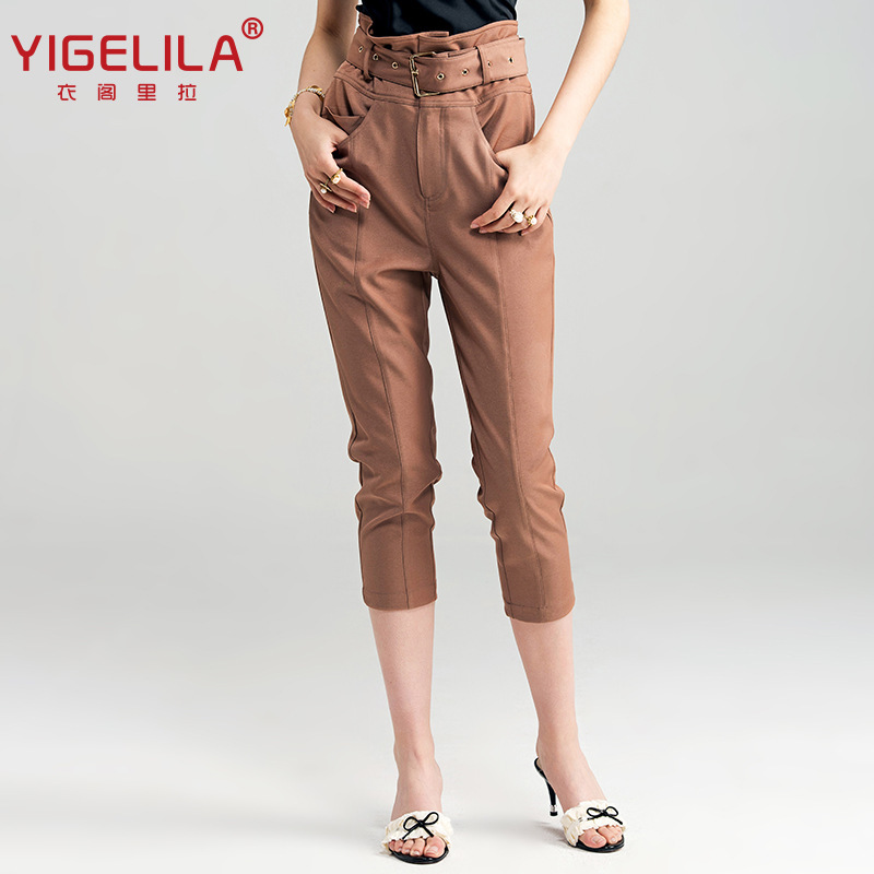 YIGELILA Summer New High Waist with Belt Slim-fit Slimming 7-point Straight Leg Pants 5433