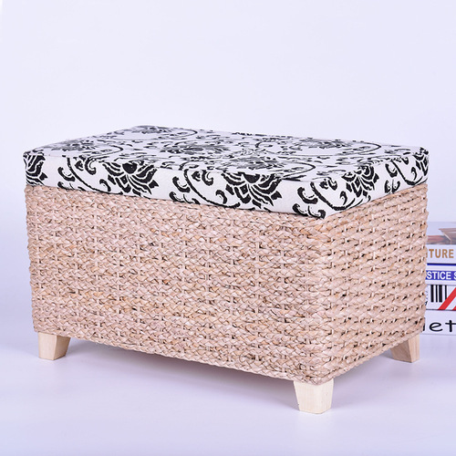 Handcrafted Wooden Modern Minimalist Wicker Sofa Storage Stool, Suitable for Sitting, Feet Rest, Shoe Storage, Grass Woven Stool