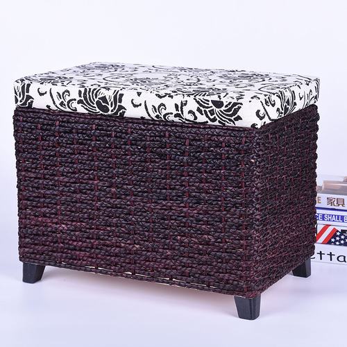 Handcrafted Wooden Modern Minimalist Wicker Sofa Storage Stool, Suitable for Sitting, Feet Rest, Shoe Storage, Grass Woven Stool