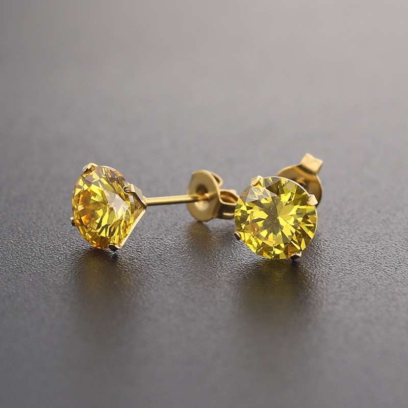New European And American Style Titanium Steel Four-prong 6mm Crystal AAA Colored Zircon Fine Needle Earrings For Women,_voghion.com