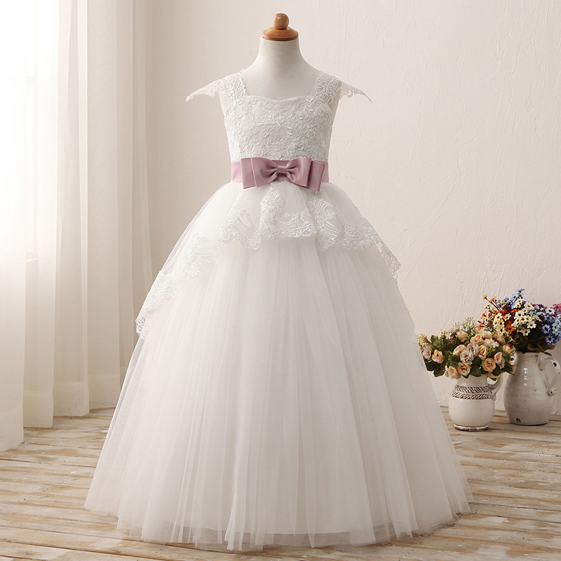 Comercio exterior europeo y americano transfronterizo encaje bolsa hombro arco niña pettiskirt niños flor niña vestido de novia de una sola pieza entrega