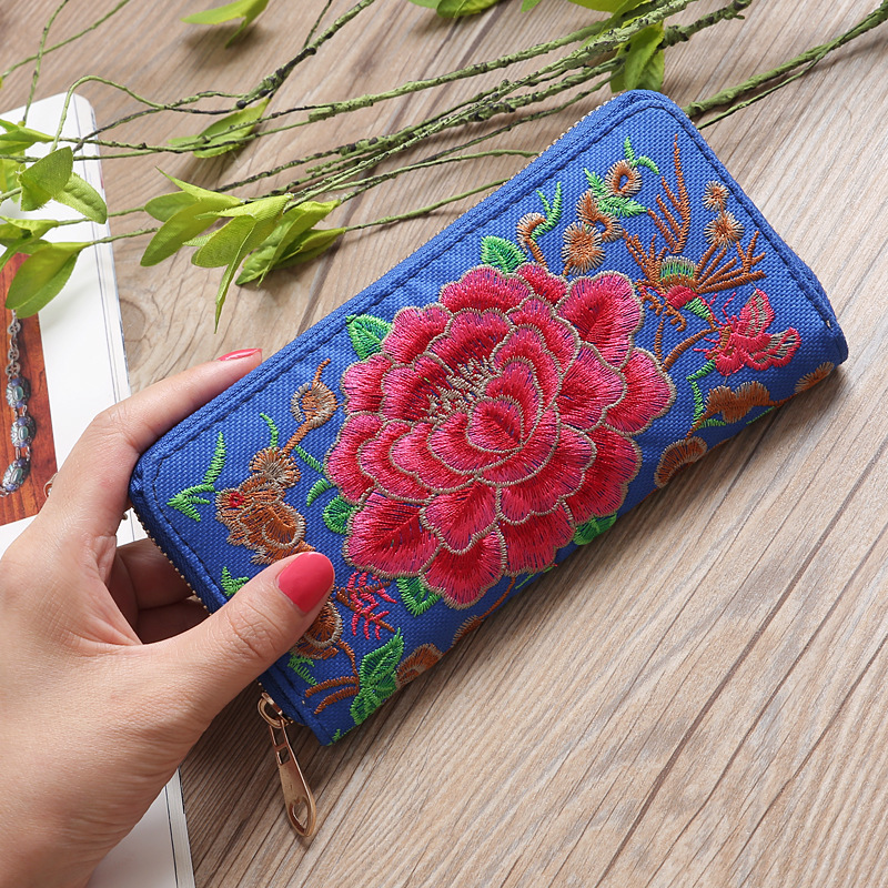 New Ethnic Style Peony Embroidered Wallet Double-Sided Embroidery Fabric Women's Long Wallet Zipper Clutch Storage