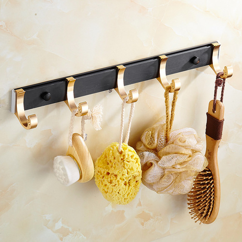 Black Space Aluminum Hole-Free Coat Hook Bathroom Hardware Hook with Gold Coat Hook and Towel Hook Door Back Wall Rack