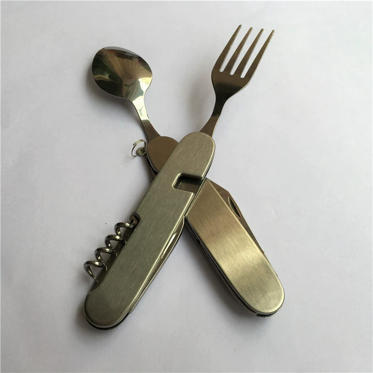 Большой набор из шести предметов для кемпинга: складной нож, вилка и ложка из нержавеющей стали, столовые приборы из нержавеющей стали, многофункциональный небольшой нож для разборки.