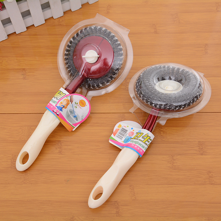Removable and replaceable thick steel wire cleaning pot brush with handle plastic long handle steel wire ball washing pot brush