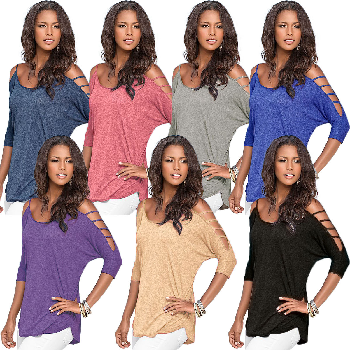 速卖通ｅａｂｙ夏装中袖漏臂宽松休闲百搭T恤衫时尚彩棉上衣9909