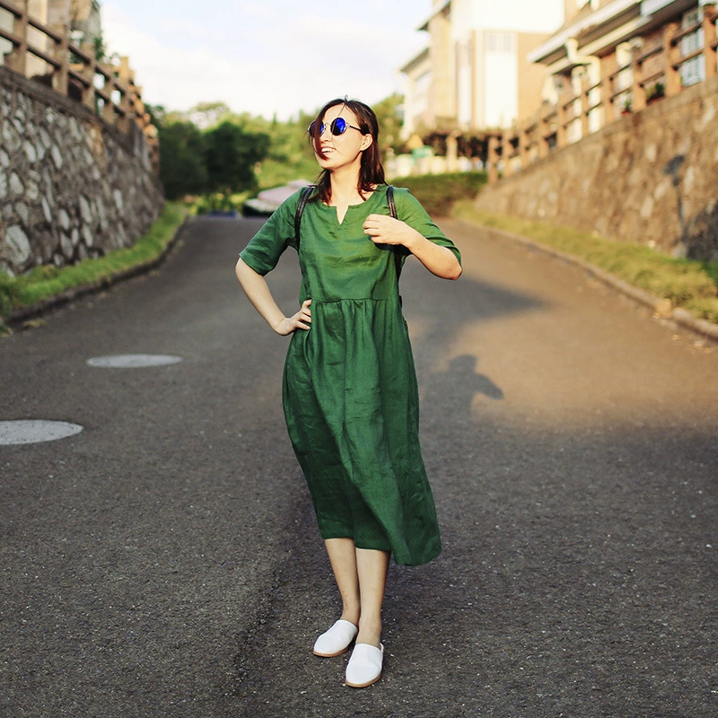 Оригинальный дизайн, хлопковое льняное платье в стиле ретро с короткими рукавами, однотонное свободное женское длинное платье, новый льняной Халат средней длины