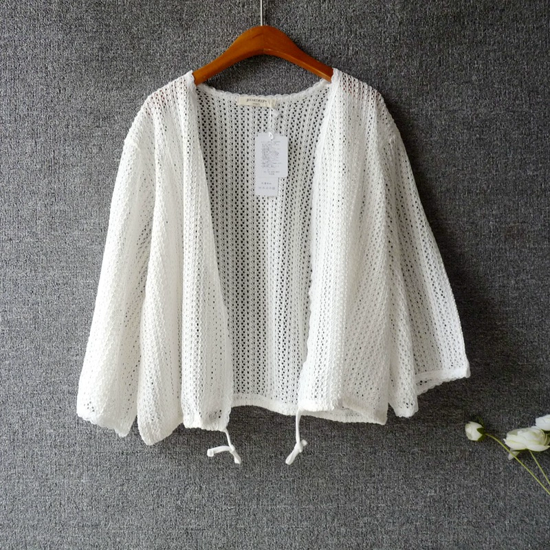 Подол Drawstring хлопок вязаный кардиган куртка кружева семь точек рукав Защита от солнца одежда плюс размер короткий топ шаль