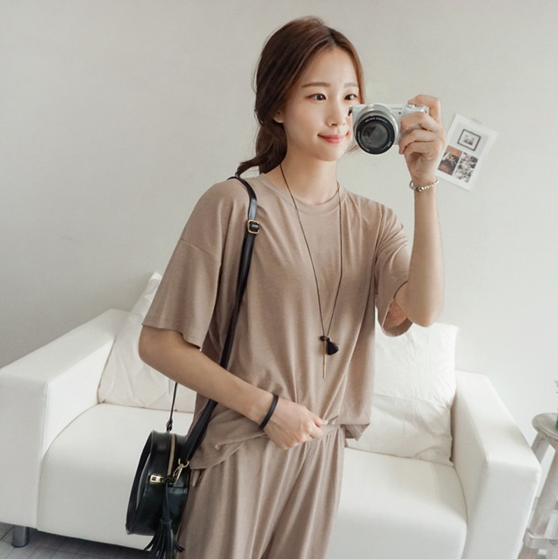 Modal más el tamaño de los pijamas flojos de las mujeres de verano Delgado fresco de manga corta recortada pantalones de estiramiento cómodo simple ropa para el hogar