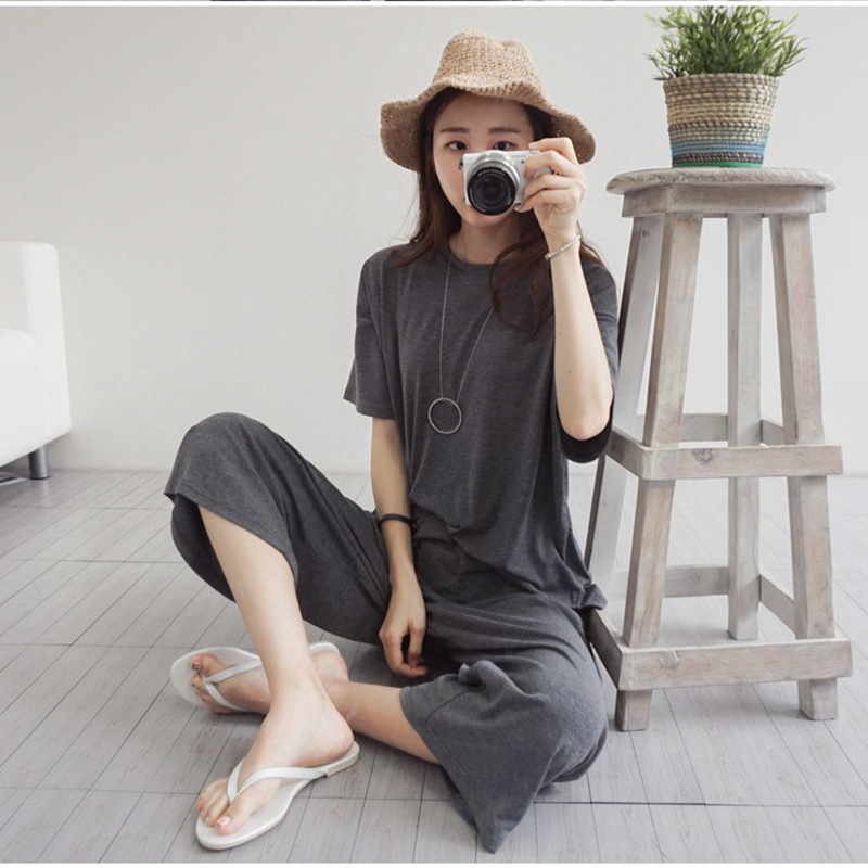 Modal más el tamaño de los pijamas flojos de las mujeres de verano Delgado fresco de manga corta recortada pantalones de estiramiento cómodo simple ropa para el hogar