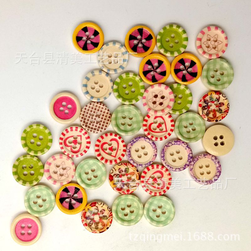 Nuevo botón de madera de 4 agujeros Plaid lunares flores y plantas mezcladas 15mm 100/bolsa