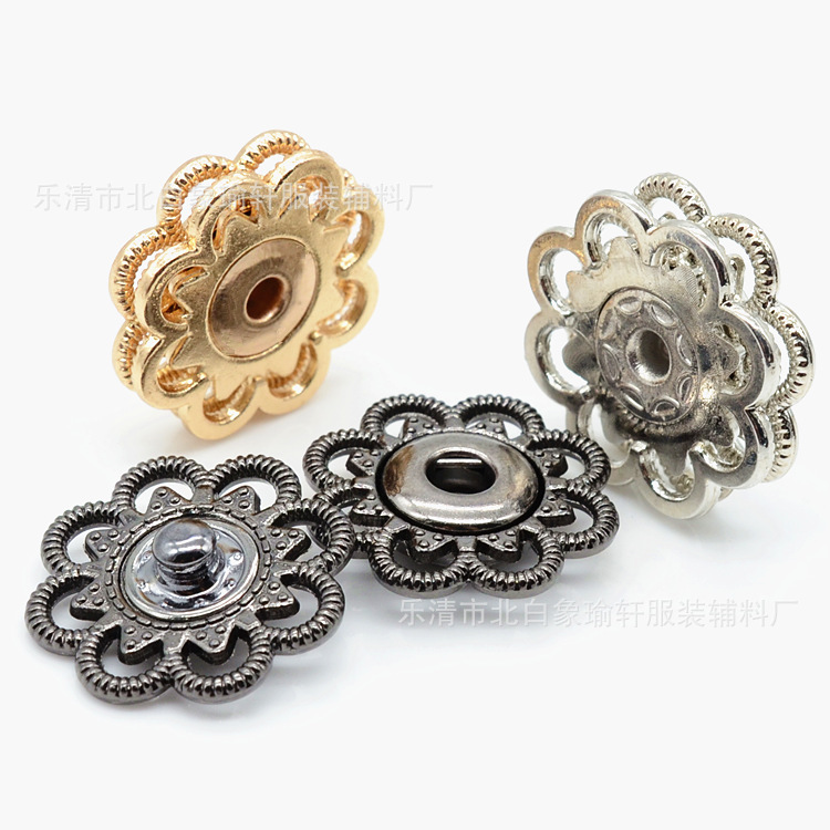 Fuente de la fábrica de metal hueco pétalo de aleación femenina hebilla abrigo cazadora invisible oculto hebilla botón a presión en stock