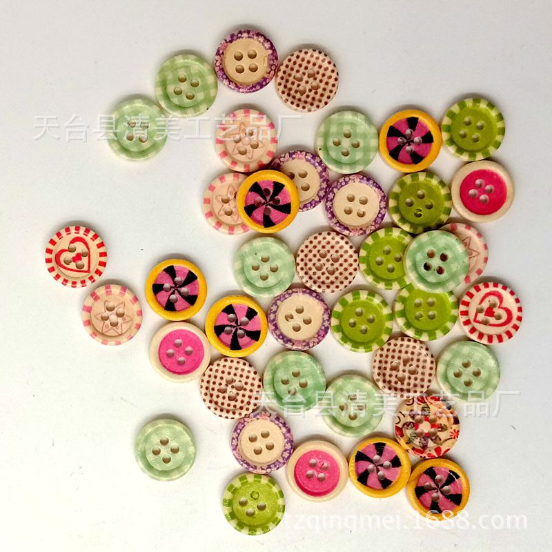 Nuevo botón de madera de 4 agujeros Plaid lunares flores y plantas mezcladas 15mm 100/bolsa