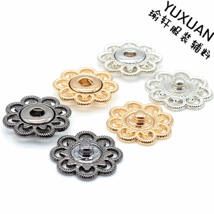 Fuente de la fábrica de metal hueco pétalo de aleación femenina hebilla abrigo cazadora invisible oculto hebilla botón a presión en stock