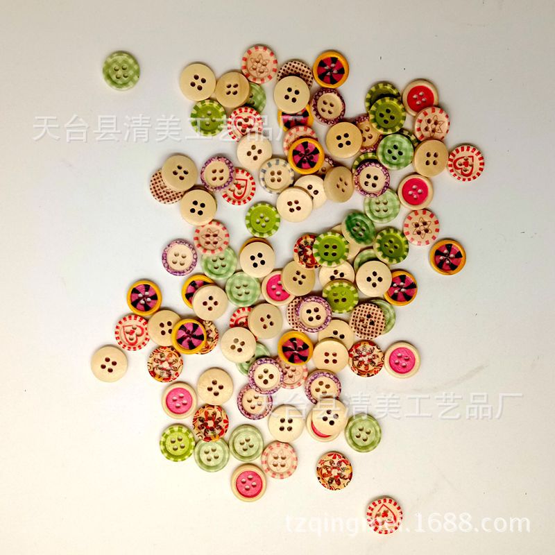 Nuevo botón de madera de 4 agujeros Plaid lunares flores y plantas mezcladas 15mm 100/bolsa