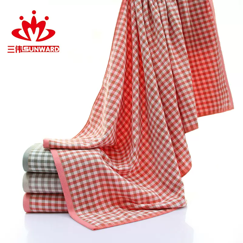 厂家直销32股纯棉浴巾 成人纱布简约格子大毛巾礼品