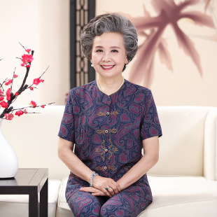 Mom's Summer Cotton Silk Suit Middle-Aged and Elderly Women's Short-Sleeved Cardigan 7080 Years Old 90 Elderly Cotton Silk Grandma Suit