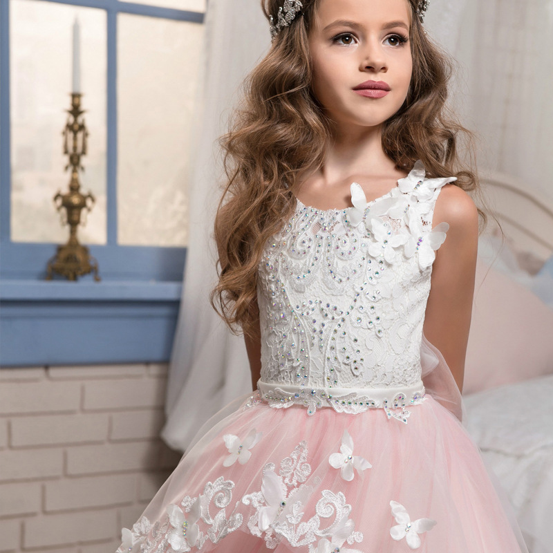 Comercio exterior europeo y americano de los niños del vestido boda rhinestone encaje hecho a mano flor malla rendimiento anfitrión cumpleaños pettiskirt