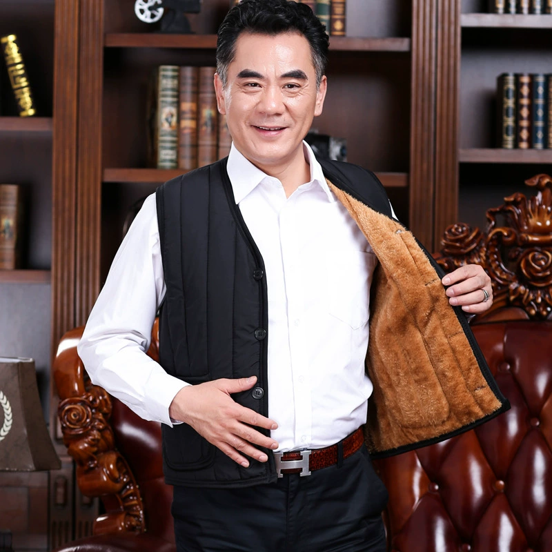 Мужские шерстяные жилеты с большим размером плюс бархат толстый карман пуговицы с V-образным вырезом жилет для пожилых мужчин среднего и пожилого возраста