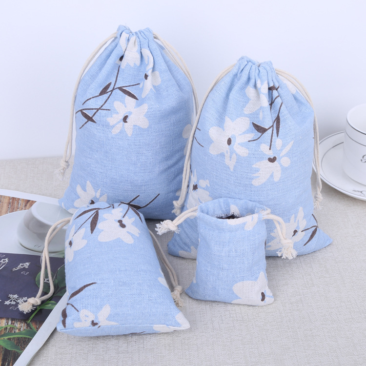 厂家现货 蓝色百合 帆布束口收纳袋 礼品 竹炭包装 印花棉抽绳袋