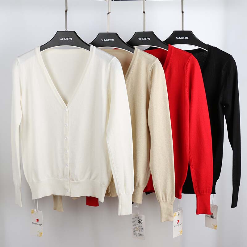 In-Stock Cross-Border Women's V-Neck Spring and Autumn Knit Cardigan, Solid Color Long-Sleeve V-Neck Outerwear Thin Sweater, Plus Size